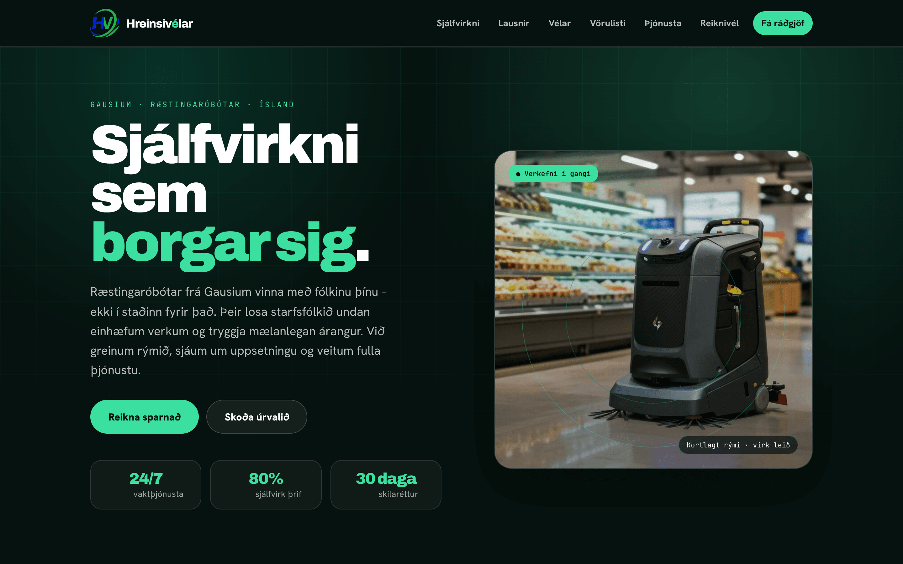 Screenshot of the Hreinsivelar.is cleaning automation website